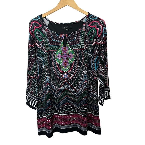 Calessa Tunic Top Womens Large 3/4 Sleeve Artsy Colorful Keyhole Geometric Lined - Picture 1 of 6